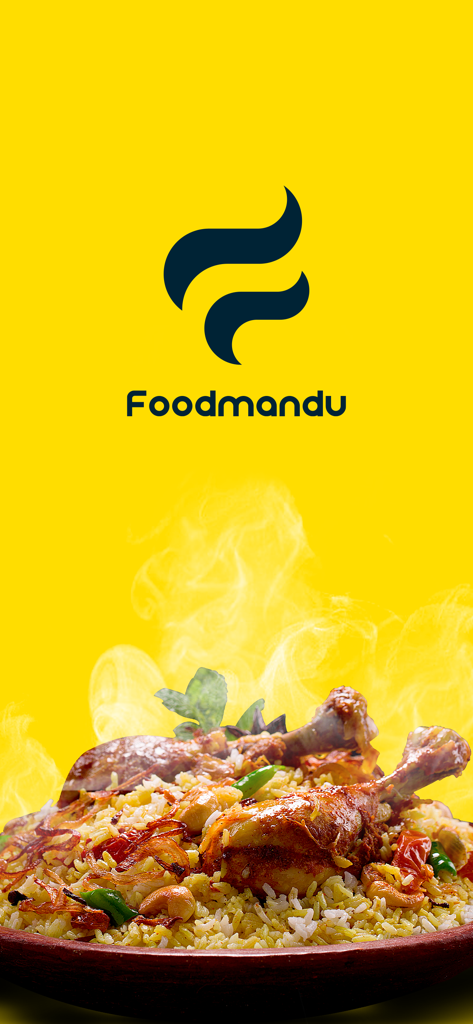 Foodmandu food delivery app splash screen with logo and a plate of steaming chicken biryani on a yellow background