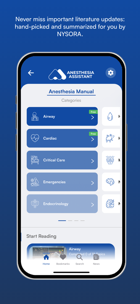 NYSORA Anesthesia Assistant app interface showing medical manual categories like Airway and Cardiac
