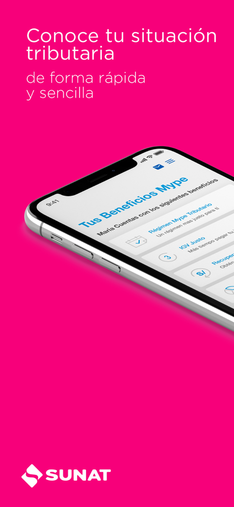Emprender SUNAT - Pantalla de smartphone que muestra la interfaz de la aplicación Emprender SUNAT para el estado fiscal peruano
