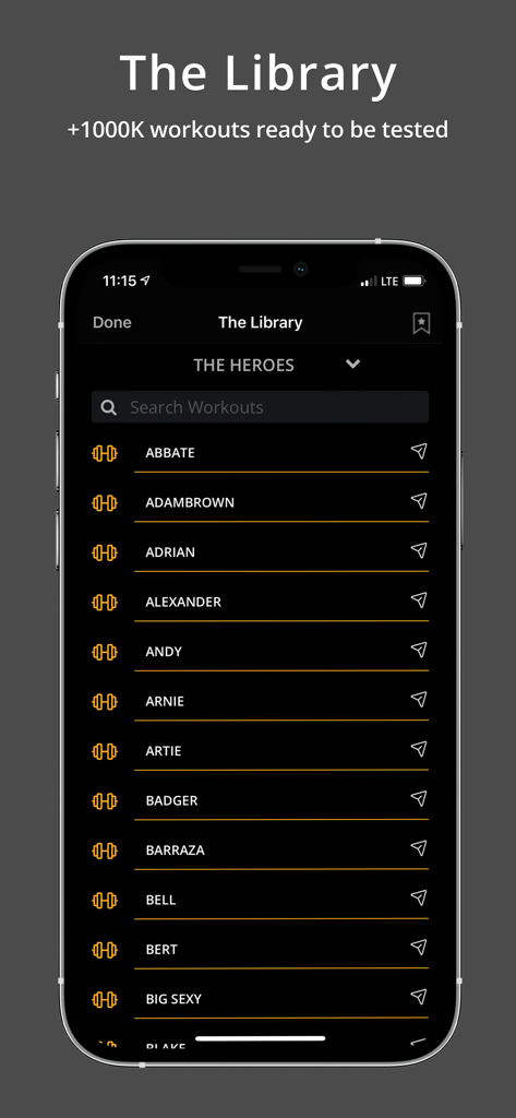 WeTime - Fitness Video Timer - Pantalla de la biblioteca de la aplicación de fitness WeTime que muestra una lista de entrenamientos hero para entrenamiento funcional.