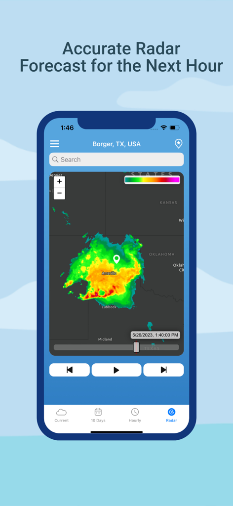 Dark Sky Tech Weather App - A smartphone showing the Dark Sky Tech Weather App with a hyperlocal radar forecast for the next hour.
