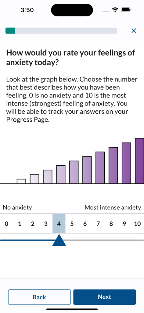 A health check survey screen in SeamlessMD asking the user to rate their anxiety level using a scale from 0 to 10.