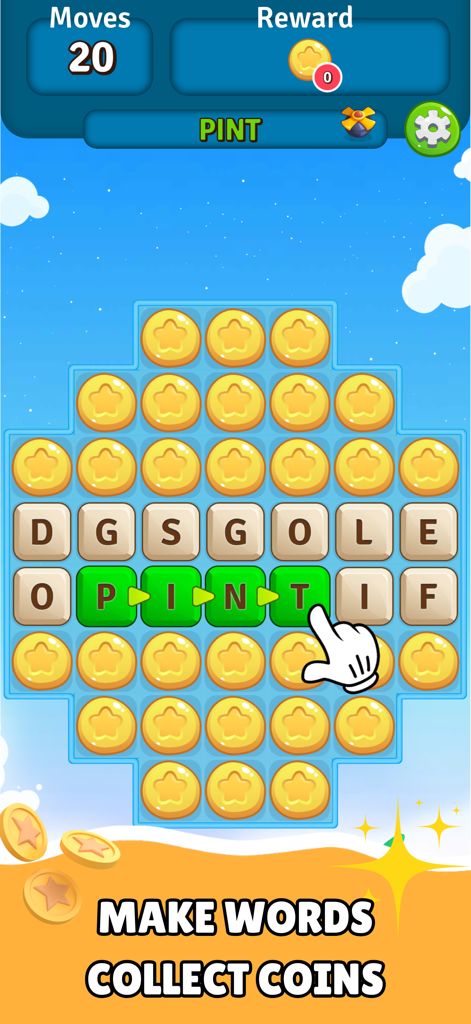 Alphabet Scape: Find Words! - Alphabet Scape word puzzle gameplay showing letter connections and coin rewards.