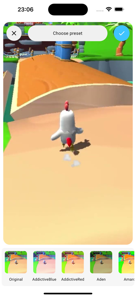 Schermata dell'editor dell'app mobile che mostra vari filtri colore per uno sfondo con skin di pollo Stumble Guys.