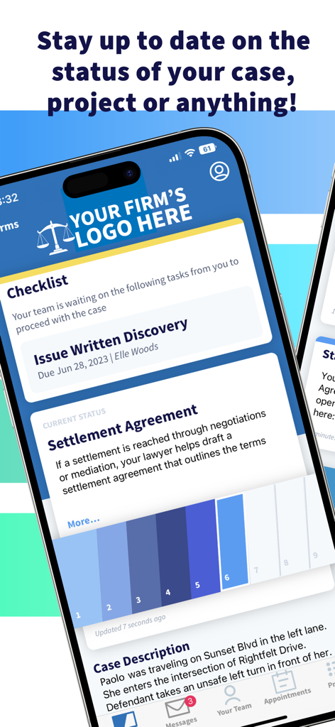 Case Status - Dashboard of Case Status app showing legal case progress and checklist.