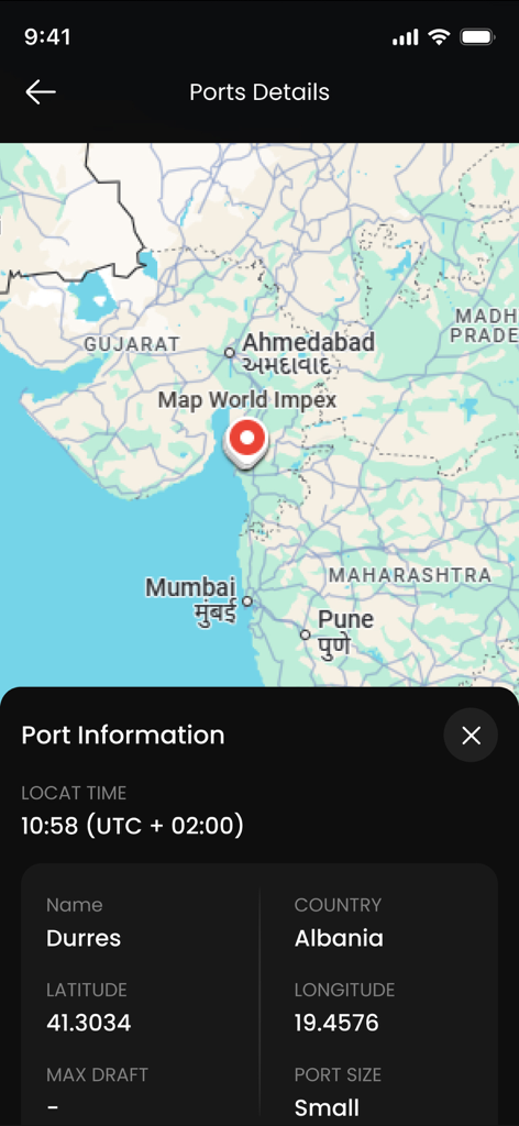 Ship Finder: GPS Ship Tracking - Pantalla de detalles del puerto en la aplicación Buscador de Barcos que muestra coordenadas geográficas y ubicación en un mapa