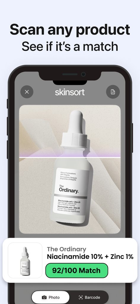 SkinSort - Skincare Scanner - Interface of the SkinSort app scanning a skincare bottle showing a 92 out of 100 product match score