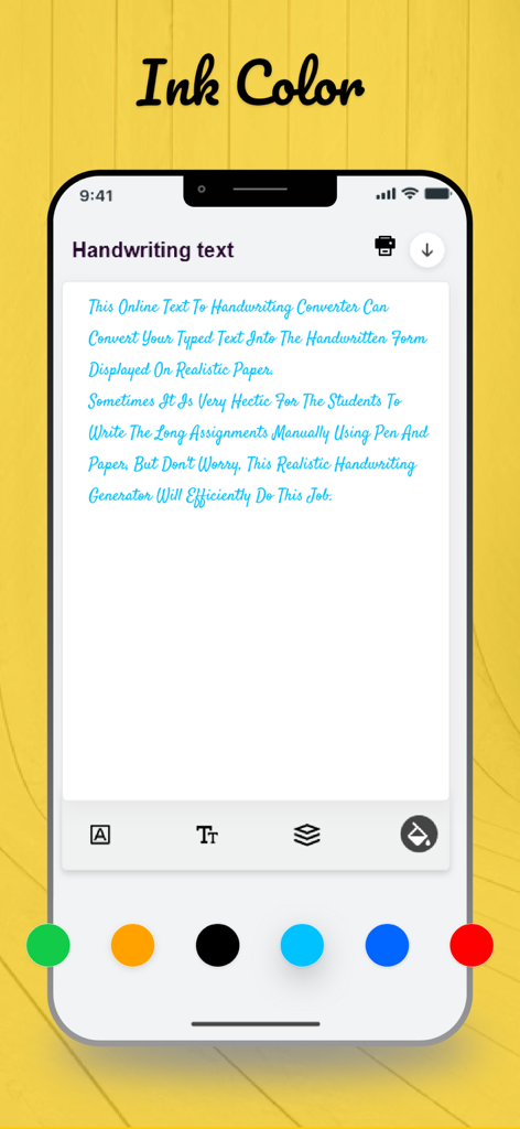 Interface de l'application Texte en écriture manuscrite montrant les options de couleur d'encre et le texte manuscrit