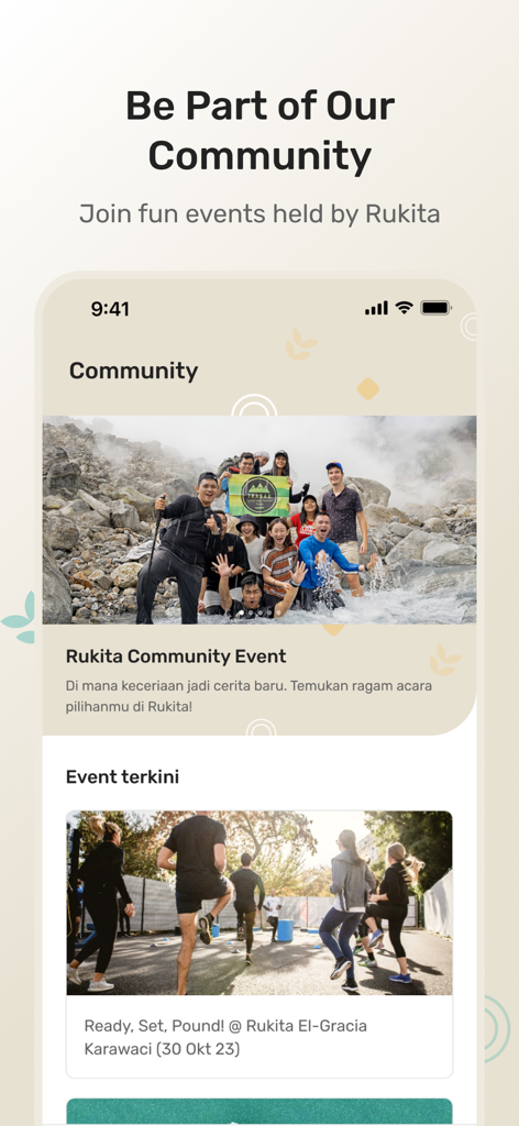 Una captura de pantalla de la aplicación Rukita que muestra la sección Comunidad con eventos sociales grupales y actividades de fitness para inquilinos