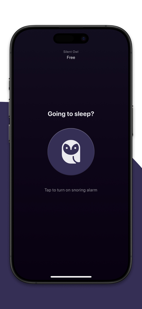 AI Snoring Alarm · Silent Owl - Main interface of the Silent Owl AI snoring alarm app featuring an owl icon and a button to start sleep monitoring.