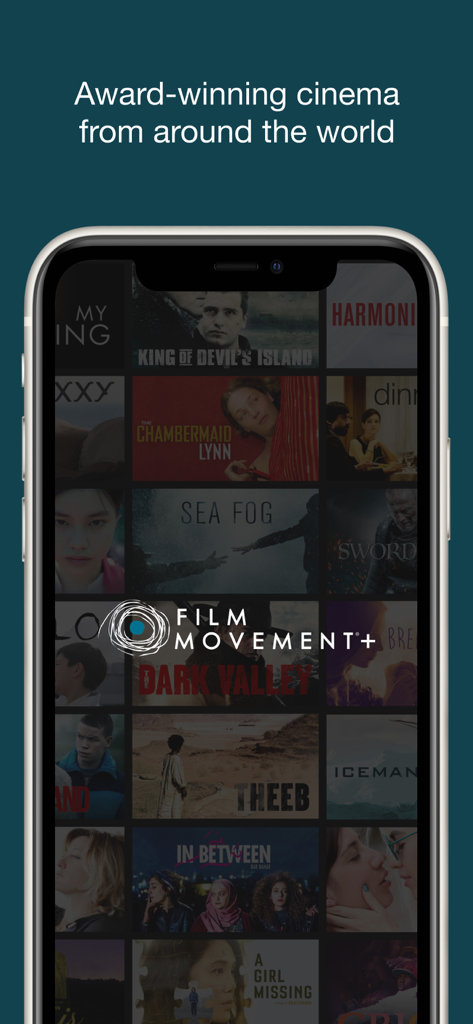 Smartphone screen displaying the Film Movement Plus app with a grid of international film posters and the headline Award-winning cinema from around the world