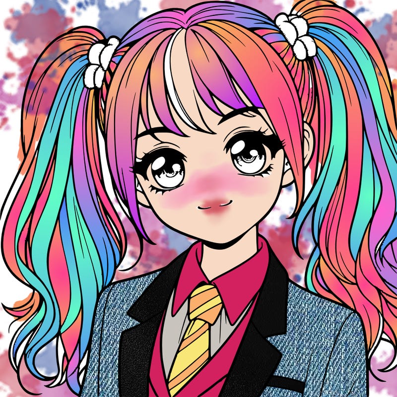 realistic girl with two ponytails and a suit on