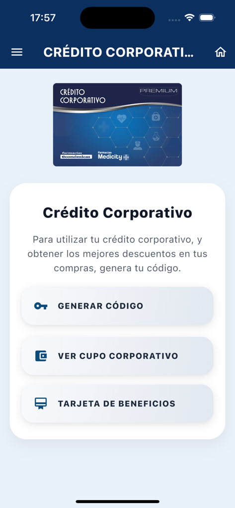 Tu App Farmacia - Interface of the Tu App Farmacia showing the corporate credit management screen with options to generate a code and view benefits