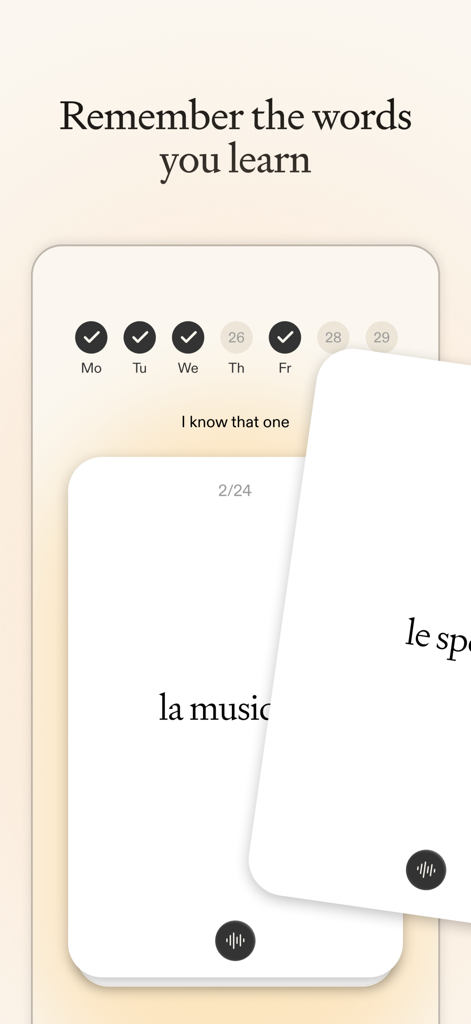 Amble - Language & Culture - Language learning flashcards on Amble app showing daily progress tracking and vocabulary cards