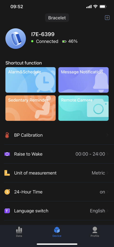 Zeroner(Zeroner health Pro) - Interface of Zeroner Health Pro app showing connected fitness tracker status and utility settings like notifications and alarms