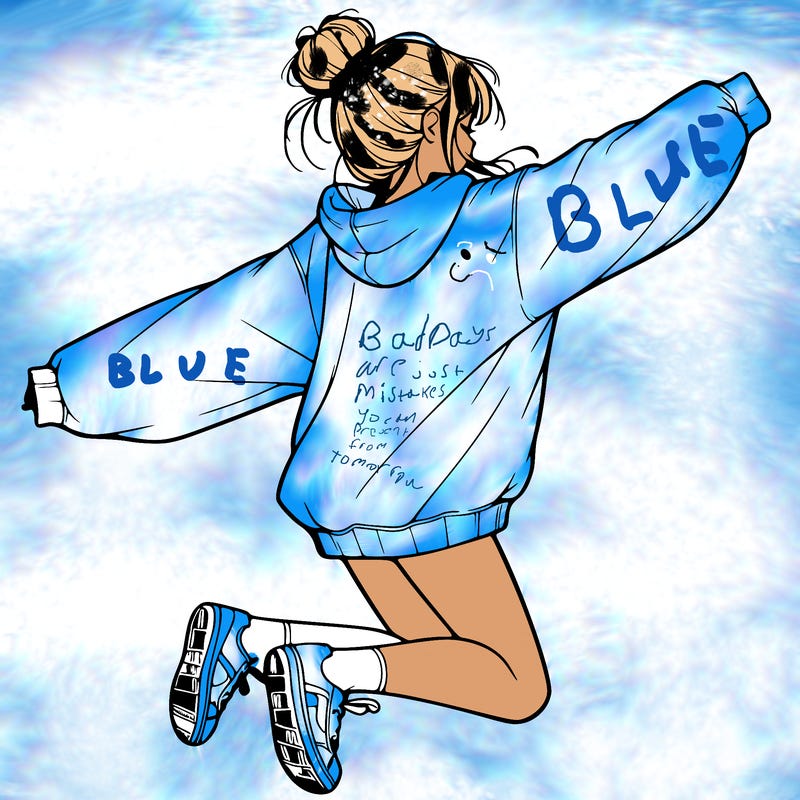 realistic girl jumping with a bun and oversized sweatshirt