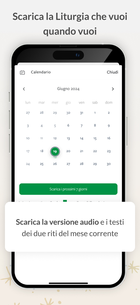 Screenshot dell'app CEI Liturgia delle Ore che mostra un calendario per scaricare preghiere e audio