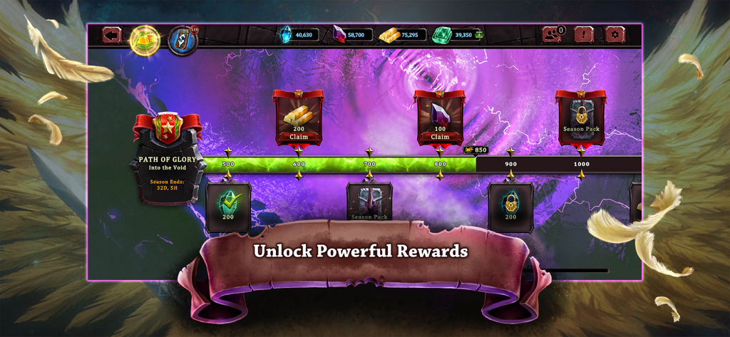 Runestrike CCG Pfad des Ruhms-Bildschirm, der saisonale Belohnungen und freischaltbare Inhalte zeigt