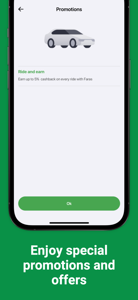 Faras - Faras App Promotions-Bildschirm mit einem "Fahren und verdienen"-Angebot mit 5 Prozent Cashback für jede Fahrt.