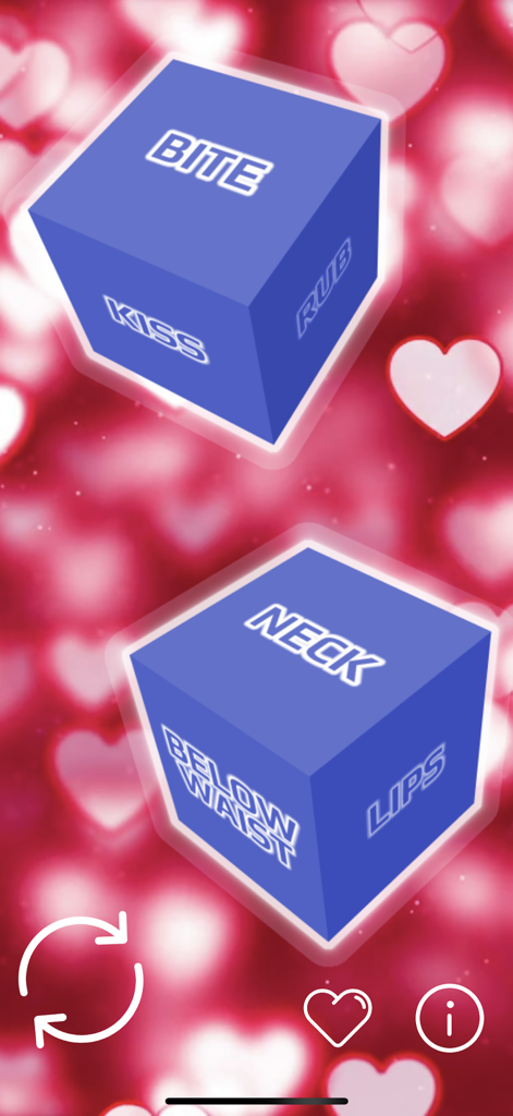 Sex Dice! - Screenshot of the Sex Dice app showing blue dice with foreplay actions like Bite and Neck over a background of pink hearts.