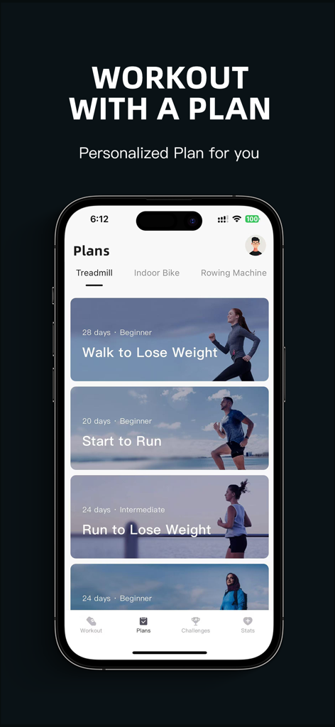 FitShow: Treadmill Workout - FitShow app interface showing treadmill workout plans such as Walk to Lose Weight and Start to Run