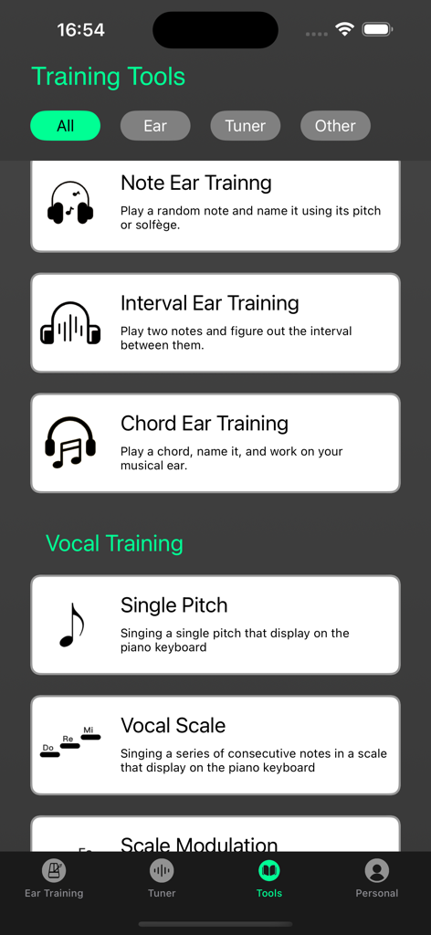 Vocal coach - Perfect Ear App - Menú de herramientas de entrenamiento en la aplicación Entrenador Vocal con opciones para entrenamiento del oído y ejercicios de escalas vocales.