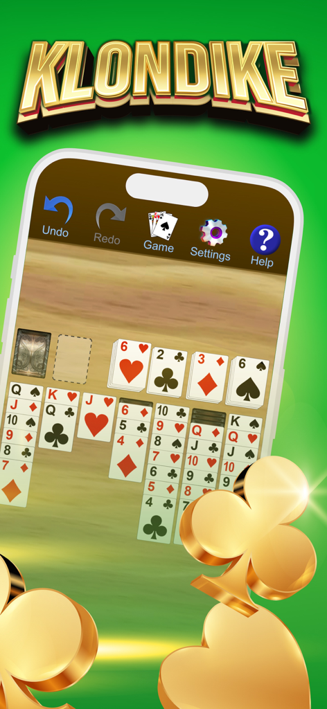 Pantalla de smartphone que muestra un juego de solitario Klondike con diseños de cartas tradicionales y un fondo de mesa de madera