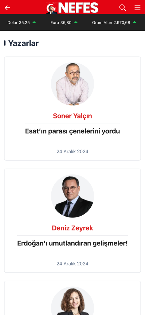 Nefes Gazetesi - Mobile app screen of Nefes Gazetesi showing a list of Turkish columnists and their latest articles