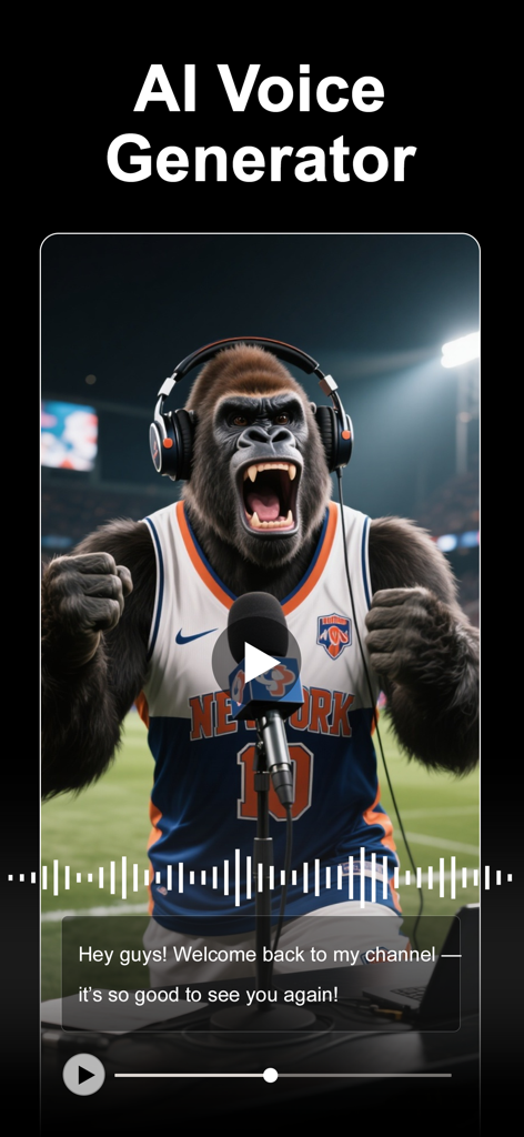 Vidmor-AI Video Generator - Interfaz del Generador de Voz IA de Vidmor con un gorila animado con una camiseta de baloncesto, un micrófono y subtítulos.