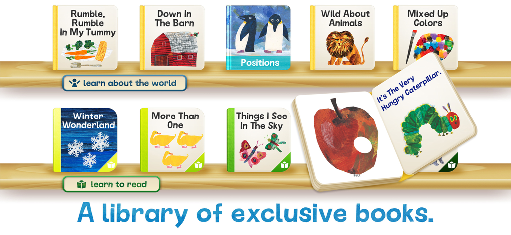 Hungry Caterpillar Play School - A digital bookshelf featuring various Eric Carle illustrated children books for learning to read and exploring the world