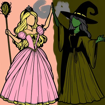 detailed realistic split of a princess and a witch