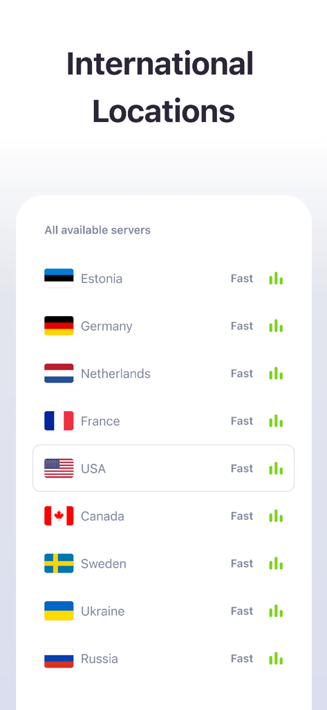 VPN One Super Unlimited Proxy - A list of available international VPN server locations including the USA, Canada, and Germany