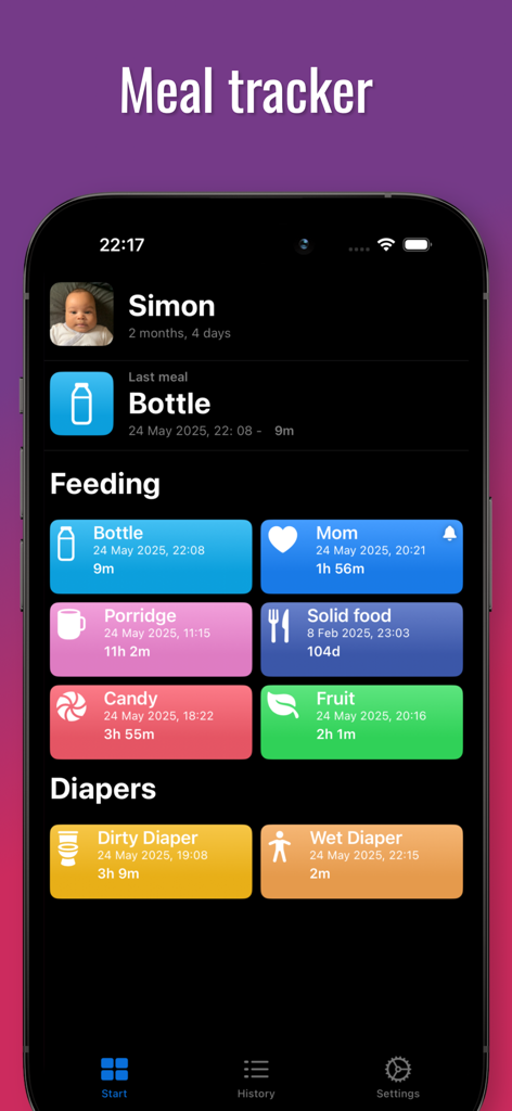 Uno screenshot dell'interfaccia dell'app Baby its time che mostra i registri di pasti e pannolini per un neonato di nome Simon