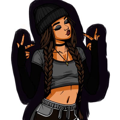 realistic teenage girl with braids and a beanie and crop top doing 🫶🏼