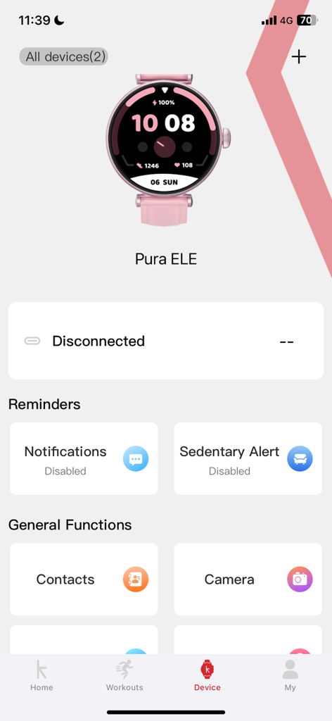 Kstyle OS - Dashboard of the Kstyle OS app showing management settings for a pink Kieslect smartwatch including notifications and reminders.