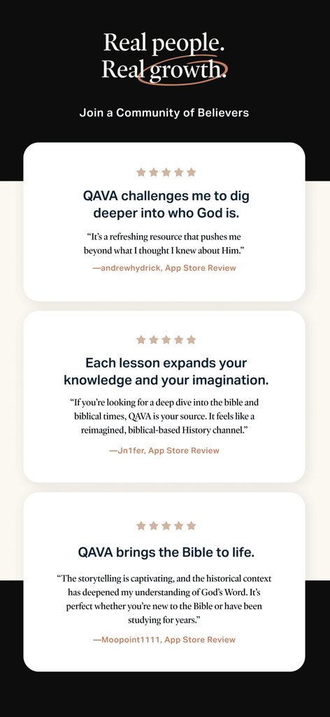 QAVA - Benutzerbewertungen und Testimonials für die christliche QAVA Streaming-App.