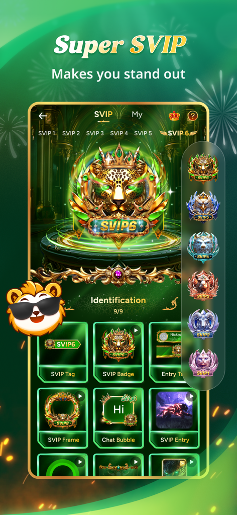 Sama Chat - Una captura de pantalla de la aplicación Sama Chat que muestra el sistema de estatus Super SVIP con insignias de lujo con temática de animales y recompensas digitales exclusivas