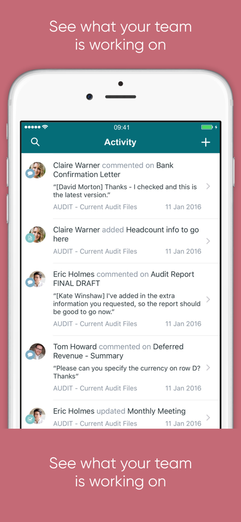 Mobile app screen showing a professional team activity feed with comments and file updates for secure project collaboration.