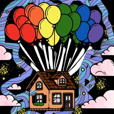 house floating from lots of balloons