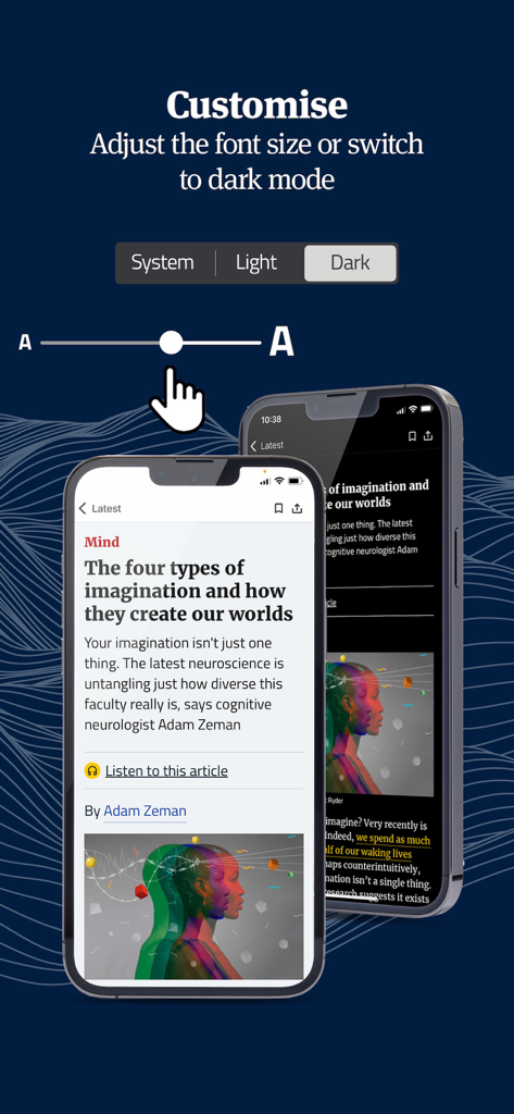 New Scientist - Interface of the New Scientist app showing font size adjustment and dark mode settings for reading articles.