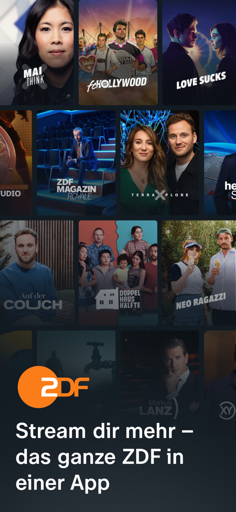 Cuadrícula de programas de TV alemanes y documentales en la app de ZDF