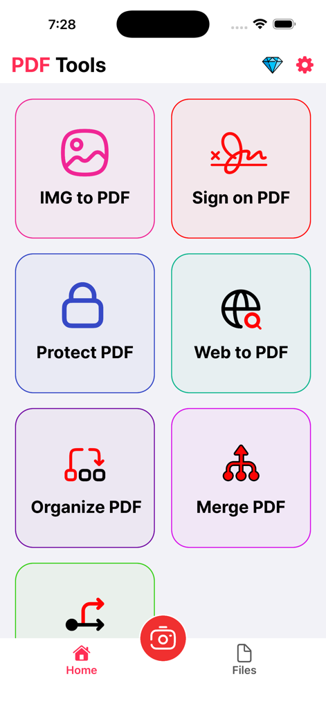 Photos PDF - Pdf Converter - Menú principal de la aplicación Photos PDF con herramientas para convertir imágenes a PDF, firmas electrónicas y protección de documentos