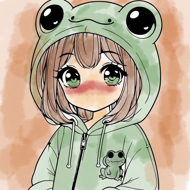 cute realistic girl in a froggy hoodie