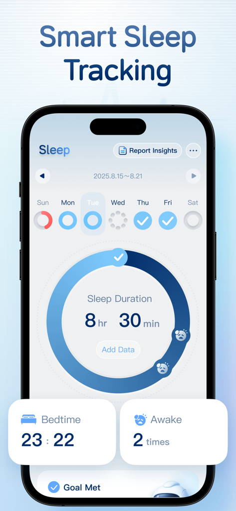 AI Heart Monitor：Heart Rate - Smart sleep tracking interface showing sleep duration of 8 hours and 30 minutes with bedtime and wake frequency data