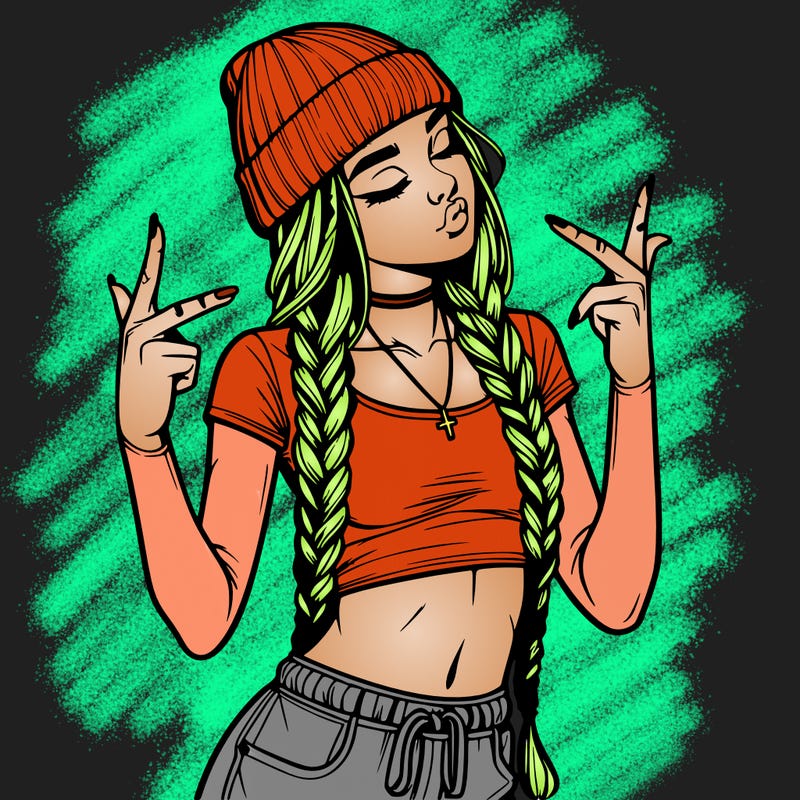 realistic teenage girl with braids and a beanie and crop top doing 🫶🏼