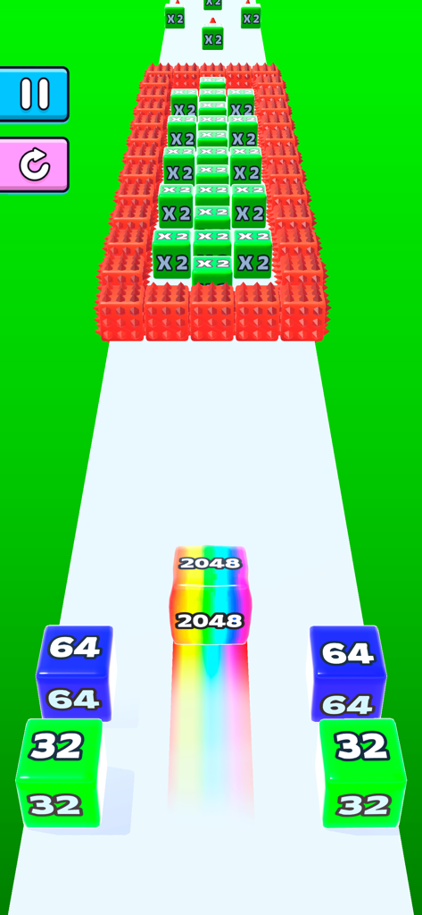 Jelly Run 2048: Number Games - Un cubo 2048 color arcobaleno che si muove lungo un percorso bianco verso ostacoli rossi con le punte in Jelly Run 2048