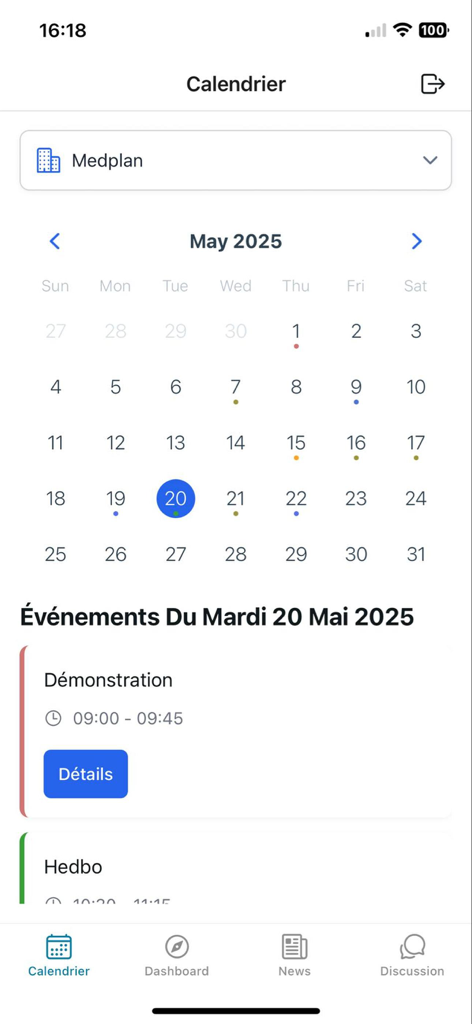 Interfaz de calendario compartido médico en la aplicación Medplan.