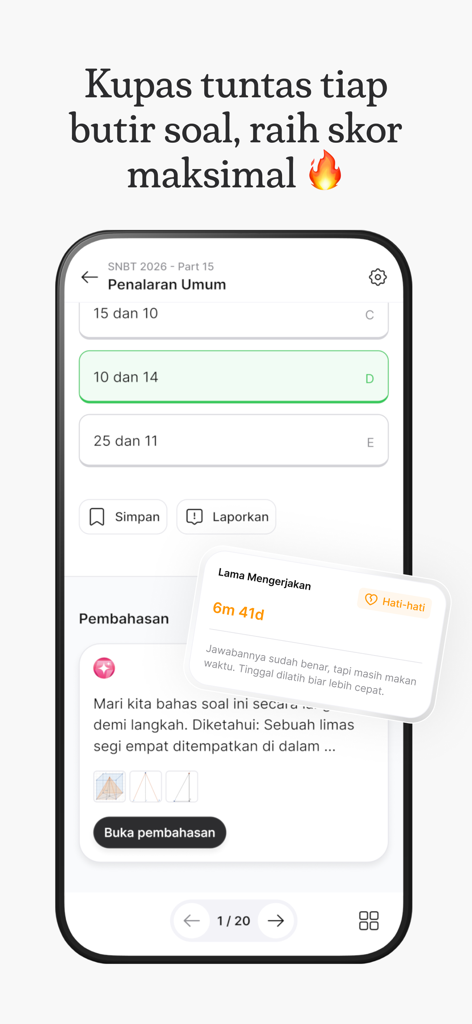 Analitica: Bantu Lolos Seleksi - Smartphone screen displaying a general reasoning question with selected answer and a detailed explanation section below