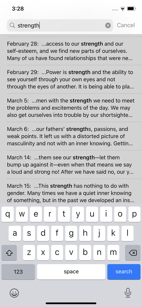 Touchstones - A search screen in the Touchstones app displaying meditation results for the word strength