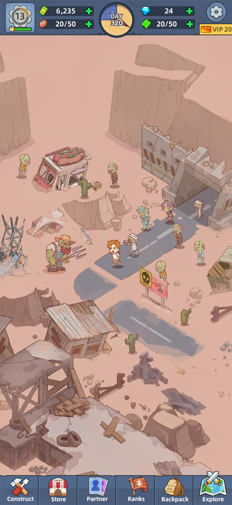 A survivor runs from cartoon zombies in a desert wasteland environment